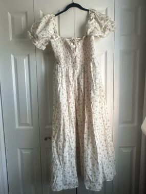 AUREUM Eyelet Trim Ivory Floral Midi Dress Small